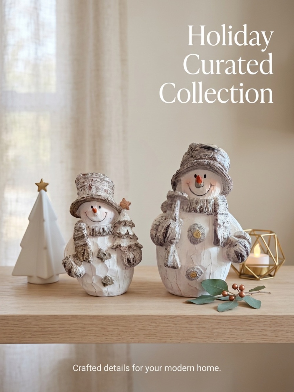 Faux Faux Birch Wood Resin Snowmen Figurines Set of 2 Christmas Decor 6" 8.5"